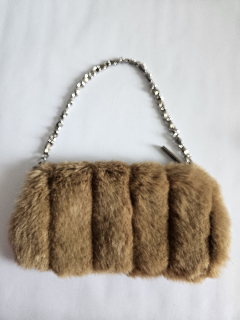Faux Fur Shoulder Bag in Light Brown with Silver Chain